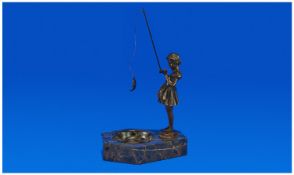 Marble Ashtray with Art Deco Style Bronze Girl Fishing. After Ferdinand Preiss.
