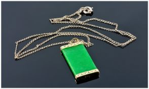 14ct Gold Mounted Jade Pendant, Suspended On A Fine Link Chain.