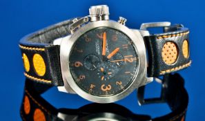 U-Boat Italo Fontana Designer Wristwatch Over Sized Black Dial With Orange Arabic Numerals, Three