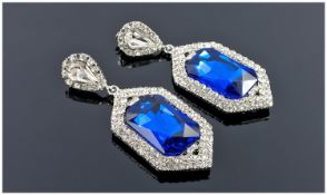 Butler & Wilson Style Pair of Octagonal Blue and Austrian Crystal Earrings, the large brilliant,