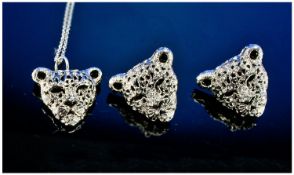 White Austrian Crystal and Black Enamel Leopard`s Head Pendant and Earrings Set, realistically
