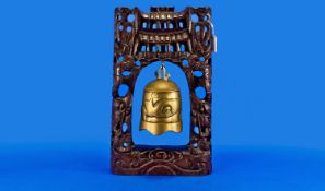 Chinese Brass Temple Bell and Gong, with dragon motif to brass bell, enclosed in a carved