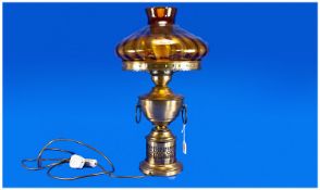 Late 20th Century Brass Antiqued Table Lamp, in the style of a Victorian oil lamp, with amber