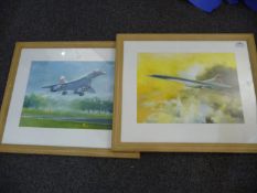 Pair Of Stancombe Watercolours Of Concord In Flight.