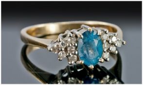 9ct Gold Diamond Ring, Central Blue Topaz Set Between 12 Round Cut Diamonds, Fully Hallmarked, Ring