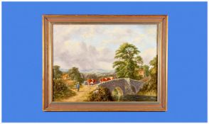 Framed Oil on Board, Cattle on Bridge` initialled and dated 1881. 16.5 by 12 inches.