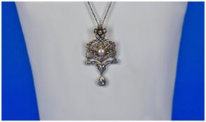 Late Victorian High Carat Gold Set Fine Diamond and Pearl Pendant with diamond drops, supported