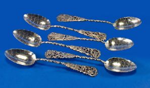 A Good Set Of Six Chinese Silver Spoons. Each with a realistic leaf bowl bamboo shape stem &