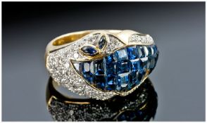 Heavy 18ct Gold Sapphire And Diamond Cluster Ring, Set With Calibre Cut Sapphires (1 Missing)