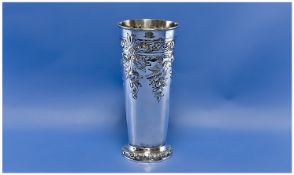 Art Nouveau Silver Embossed Vase With Birds And Fruit Embossed Decoration. Hallmark London 1911.