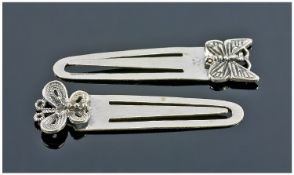 Two Silver Bookmarks With Butterfly Finials. Stamped 925