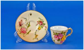 Royal Worcester Miniature Cup And Saucer, Blush Ivory With Painted Floral Decoration, Puce Marks To