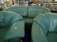 Contemporary Three Piece Green Leather Suite, comprising three seater settee and two armchairs,
