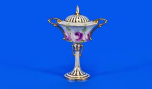 Mintons Small Hand Painted Two Handle Pedestal Lidded Vase/Urn. Circa 1900. `Pink rose` decoration.