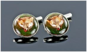 Gents Set Of Silver Cufflinks, Of Circular Form With Chain Links, The Fronts Showing Foxes Heads.