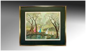 Helen Bradley Signed Print, mounted and framed, depicting ladies in a garden setting, measuring 24