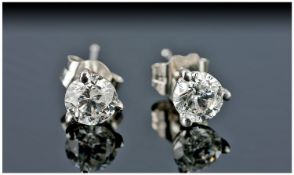 Pair Of 14ct White Gold Diamond Earrings, Each Set With A Round Modern Brilliant Cut Diamond,