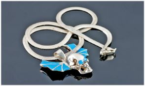 Silver Enamelled Skull Pendant Suspended On A Snake Link Necklace