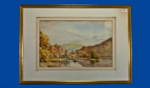 David O P M Harrison Watercolour `Man in a Rowing Boat near a boat house`. Signed 13 by 20 inches.