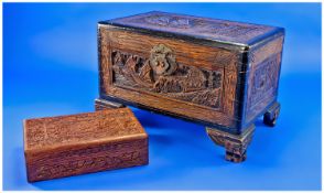 Hand Carved Camphor Chest Style Cigar or Deed Box, raised on bracket feet, decorated with Oriental