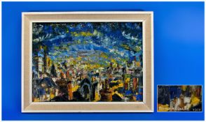Stanley Clarke 20th Century Oil On Board. City scape, expressionist style. Signed. 13`` x 18``