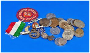 A Bag of Mixed Coins, with 8 enamel and silver badges.