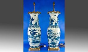 Very Fine Pair of Chinese Blue and White Floor Vases of Large Size, 28 inches high. Decorated in