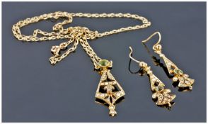 Edwardian 14ct Gold Fine Peridot And Seed Pearl Pendant Drop fitted on an integral 14ct gold chain
