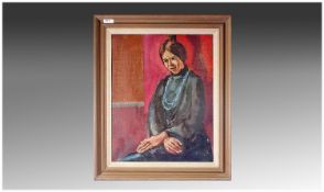 George Hodgkinson, (modern British Circa 1970) Portrait of `Maggie` a lady seated, oil on board.