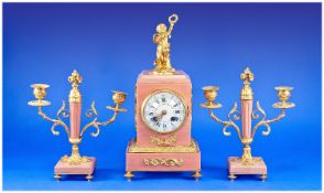 French Japy Freres Gilt Bronze and Pink Marble Garniture Clock Set. With 8 day striking movement