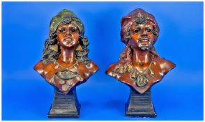Goldscheider Style Pair of Hand Painted Chalk Busts of a North African Tribal Man and Woman. c.