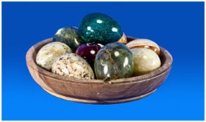 Collection of 9 Various Marble Eggs in a wooden bowl, onyx, agate, granite etc. Eggs approximately