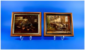 A Pair of David Robert Oils on canvas of Vintage motor cars, one in a barn, the other in an old