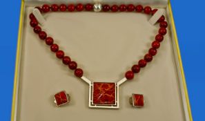 Modernist Coral Bead Necklace, With Square Pyramid Shaped Drop In A Silver Mount, Complete With