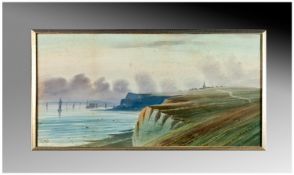 E Earp Framed Watercolour. `Coastal Scene` Signed lower left. 20 by 10 inches.