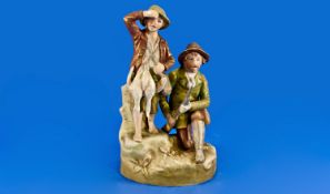 Royal Dux Group Figure `Father And Son Grouse Shooting`. Circa 1900. Pink triangle to base. 9`` in