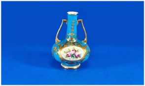 Mintons Hand Painted Two Handled Small Vase, floral panel, gold and turquoise colourway. Circa