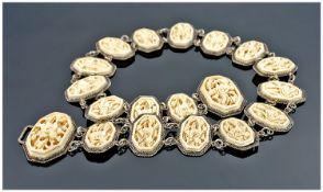 Chinese Silver Mounted Belt, Set With 19 Ivory Panels Of Floral Carving, Character Marks To Buckle.