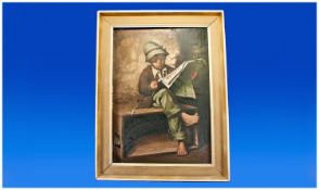 Italian Oil On Canvas of a street urchin reading the daily newspaper. Signed L. Bastle. Circa 1940`