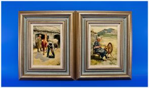 Graham (circ 1990) Pair of Oil Paintings on Canvas in Silver Gilt Frames. 1. Man shoeing a brown