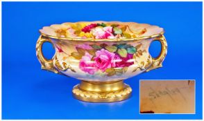 Royal Worcester Hand Painted And Very Fine Two Handled Fruit Bowl. `Roses` still life. Painted and