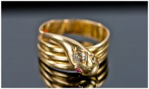 Victorian 18ct Gold Snake Ring With Diamond And Ruby Set Eyes. Hallmark Chester 1883. 4.7 grams