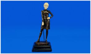 Art Deco Bronze and Faux Bone Lady `Fencer`. In the style of Ferdinand Preiss
