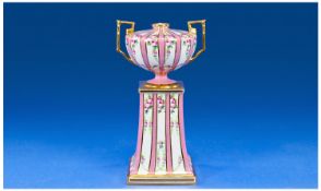Minton 19th Century Two Handle Regency Pedestal Vase. Circa 1880. 8.5`` in height.