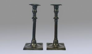 Pair Of George III Pewter Candlesticks Each Raised On An Unusual Square Shaped Slightly Sunken