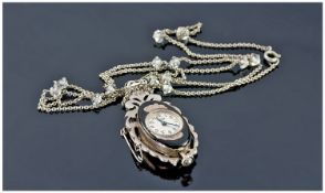 Novelty Silver Watch Pendant, Set With Marcasites, Suspended On A Fancy Link Chain With Paste