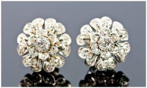 Diamond Set Cluster Earrings Flower Head Design, Diameter 15mm, Unmarked Tests High Carat Gold,
