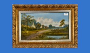 F Chiatri A Row of Cotttages in a Rural Landscape Oil on Board indistinctly signed, framed in priod