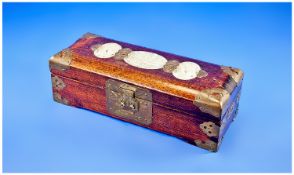 Chinese Early 20th Century Jade Inlaid Lidded Cherry Wood Jewellery Box with brass mounts. 3.25``