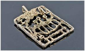 Gilt Metal Modernist Abstract Pendant. Of Openwork Design, Depicting Figures And An Animal Within A